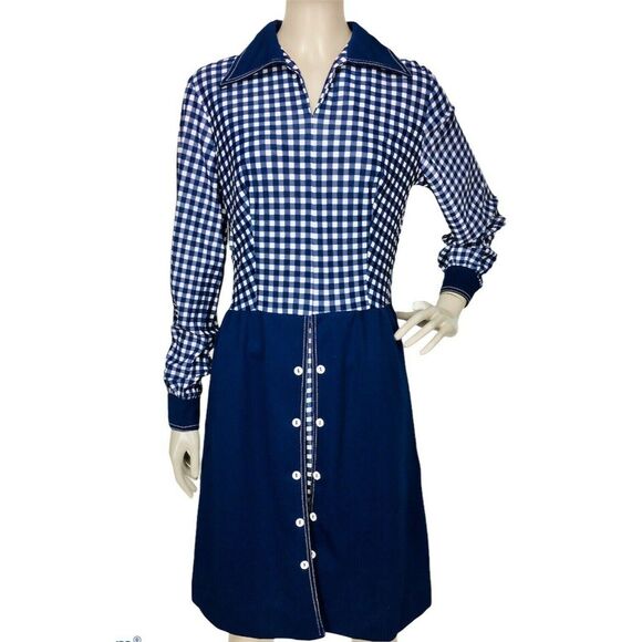 Vintage 60s MOD Academia Blue White Gingham Peekaboo A-Line Dagger Collar Dress - Picture 1 of 9